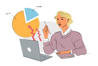 Business sperson bir dizüstü bilgisayar ve pasta grafiğiyle veri analiz ediyor. Temiz çizgi sanat tarzı, kurumsal, eğitici ve bilgi amaçlı tasarımlar için uygun. Beyaz arkaplanda vektör illüstrasyonu