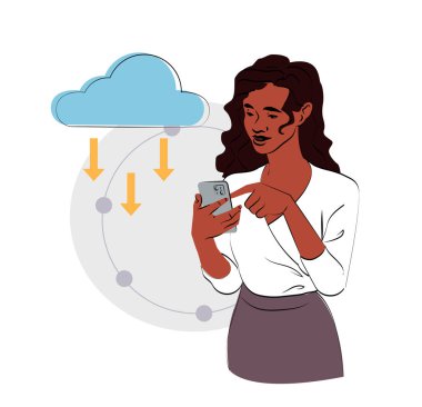 Bulut hesaplama sembollü akıllı telefon kullanan bir kadın. Temiz çizgi sanat tarzı, teknoloji, veri depolama ve yenilik temaları için mükemmel. Beyaz arkaplanda düz vektör illüstrasyonu