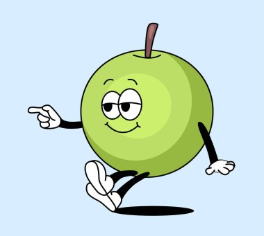 Gülen yüzlü, el hareketleriyle ve yürüyen pozuyla açık mavi arka planda izole edilmiş komik yeşil elma çizgi film karakteri. Düz çizgi film vektör çizimi