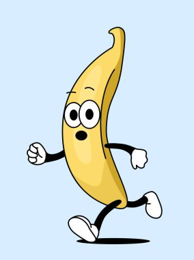 Şaşırmış ifadesi, yürüyen duruşu ve açık mavi bir arka planda izole edilmiş neşeli bir çizgi film karakteri. Düz çizgi film vektör çizimi