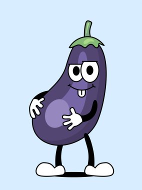 Komik bir patlıcan karakteri, neşeli bir yüzü var, dili dışarıda, göbeğini açık mavi arka planda tutuyor. Düz çizgi film vektör çizimi