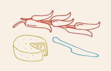 Kırmızı biberli minimalist vektör illüstrasyonu, bir peynir çarkı ve pastel renkli basit çizgi sanatı olan bir bıçak. Mutfak ya da mutfak temalı tasarımlar için ideal