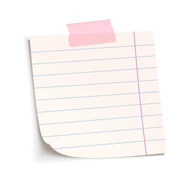 Beyaz arka planda pembe bantlı kağıt kaplamalı. Tasarım amaçları için gerçekçi yırtık bir defter sayfasının vektör illüstrasyonu