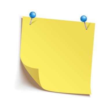 Beyaz zemin üzerinde iki mavi raptiyeli sarı yapışkan not, kıvrık köşeli ve gölgeli gerçekçi vektör çizimi, tasarım, hatırlatıcı veya sunumlar için uygun