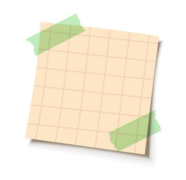 Beyaz zemin üzerinde yeşil bantlı sarı ızgara kağıt not, gölgeli gerçekçi vektör çizimi, hatırlatıcılar, tasarım veya yaratıcı projeler için mükemmel