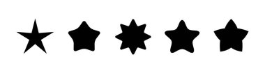 Beyaz zemin üzerinde yatay bir sırada farklı tasarımları olan beş siyah yıldız kümesi. Reytingler, semboller veya yaratıcı dekorasyon için minimalist vektör çizimi