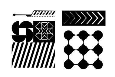 Minimalist siyah geometrik şekiller, çizgiler, oklar ve dijital veya baskı projeleri için fayans tasarımları da dahil olmak üzere soyut modern modeller. Markalaşma, geçmiş ve ambalaj için mükemmel. Vektör illüstrasyonu