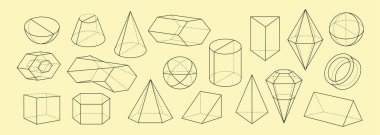 3D Geometrik doğrusal şekiller ayarlandı. Hacimli şekiller ve gözlemler paketleniyor. Piramit, küp ve küre. Kristal ve elmas, değerli taş. Taslak vektör koleksiyonu beyaz arkaplanda izole edildi