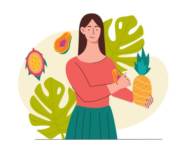 Kadınlar egzotik meyveler yer. Elinde papaya olan genç bir kız. Vitaminli taze ve organik meyveler. Sağlıklı beslenme, düzgün beslenme, diyet. Düz vektör illüstrasyonu