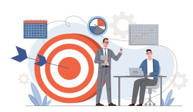 İş hedeflerine ulaşıldı. İş adamı ve meslektaşı elinde okla hedefin yanında duruyor. Verimli çalışma süreci düzenleniyor. Motivasyon ve liderlik, başarı. Düz vektör illüstrasyonu