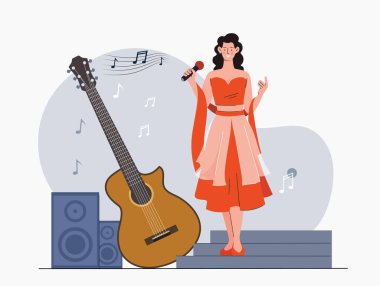 Gitarlı şarkıcı. Sahnede mikrofonlu bir kadın gösteri yapıyor. Müzikal konser ve performans. Mike 'la birlikte müzisyen olay yerinde. Eğlence ve eğlence. Düz vektör illüstrasyonu