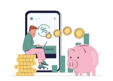 Kişisel finans konsepti. Dizüstü bilgisayarı olan adam kumbaranın yanında altın paralarla oturuyor. Finansal okuryazarlık ve pasif gelir. Muhasebe ve bütçe. Doğrusal vektör çizimi