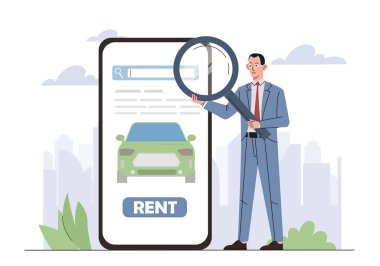 Kiralık adam. Arabalı akıllı telefonun yanında büyüteç camlı bir iş adamı. Araç paylaşımı mobil uygulama. Kentsel altyapı ve hizmet. Nakliye ve araç. Düz vektör illüstrasyonu