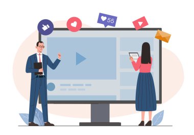 Sosyal ağ analizi. Kadın ve erkek bilgisayar ekranının yanında durur ve kullanıcı aktivitelerini analiz eder. SMM ve SEO uzmanları. Sosyal ağlarda ve internette promosyon. Düz vektör illüstrasyonu