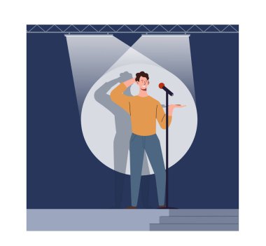 Stand-up gösterisi. Mikrofonlu adam sahne ışıkları altında duruyor. Komedyen fıkra anlatır. Performans ve çizgi roman gösterisi. Eğlence ve eğlence. Komedyen konseri. Düz vektör illüstrasyonu