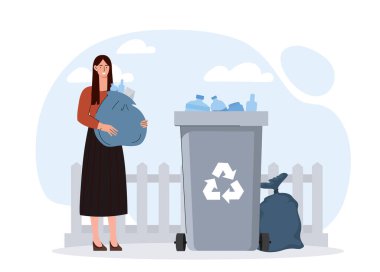 Çöpleri atan kadın. Çöp kutusunun yanında plastik torbası olan genç bir kız. Sıfır atık ve sürdürülebilir yaşam tarzı. Doğayla ve çevreyle ilgilenmek, temizlik. Düz vektör illüstrasyonu