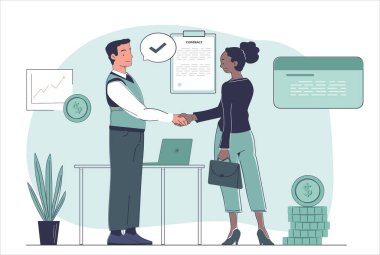 İş anlaşması konsepti. Kadın ve erkek, belgenin arka planında el sıkışıyor. İşbirliği ve işbirliği. Yatırımcı ve girişimci. Anlaşma ve sözleşme. Doğrusal vektör çizimi