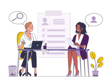 İş görüşmesi konsepti. Dizüstü bilgisayarı olan bir kadın boş yer için adayla iletişim kuruyor. İK müdürü ofisinde. Kelle avcılığı ve adam toplama. İş görüşmesi. Doğrusal vektör çizimi