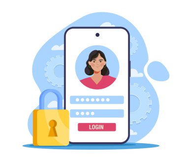 Akıllı telefondaki hesap doğrulaması için. Akıllı telefon ekranında giriş ve parola. Kadın sosyal medya profiline giriş yapıyor. Kız kullanıcı adı ve parola girin. Düz vektör illüstrasyonu