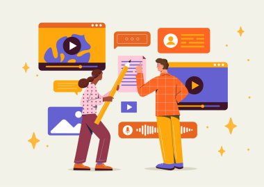 Yaratıcı ekip birlikte çalışır. Erkek ve kadın sosyal ağlar ve haberciler için içerik yaratır. Sanat yönetmenleri makaleleri, resimleri, ses ve video dosyalarını düzenler. Düz vektör illüstrasyonu