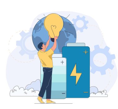 İnsan enerji tasarrufu yapar. Pillerin yanında ampulü olan genç bir adam. Akıllı elektrik tüketimi. Çevreyle ve ekolojiyle ilgilenmek. Çevre dostu aktivist. Doğrusal vektör çizimi