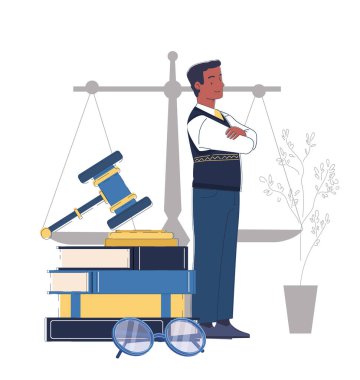 Avukat adam konsepti. Terazinin yanındaki genç adam, yargıç tokmağı ve bir yığın kitap. Adalet ve hukuk sistemi. Anlaşmaların yasal desteği. Avukat ve noter. Doğrusal vektör çizimi