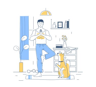 Köpekli yoga. Erkek spora gider. Aktif yaşam tarzı, spor ve spor. Motivasyon, konsantrasyon, meditasyon. İçeride antrenman. Doğrusal vektör çizimi