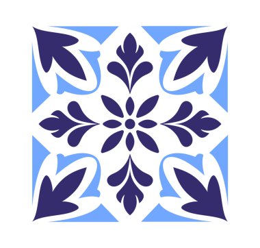 Mavi ve beyaz tonlu karmaşık çiçek deseni, soyut simetrik tasarım, kare desen. Zarafet, gelenek ve dekorasyon kavramı. Vektör illüstrasyonu