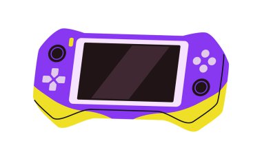 Düz stil mor ve sarı el bilgisayarlı oyun konsolu, temiz beyaz arka planda düğmeleri ve ekranı var. Oyun ve eğlence anlayışı. Vektör illüstrasyonu