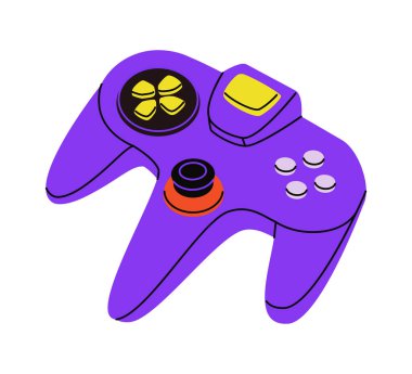 Renkli düğmeleri olan mor oyun kontrolörü, beyaz arka planda minimalist tasarım. Oyun, eğlence, eğlence anlayışı. Vektör illüstrasyonu