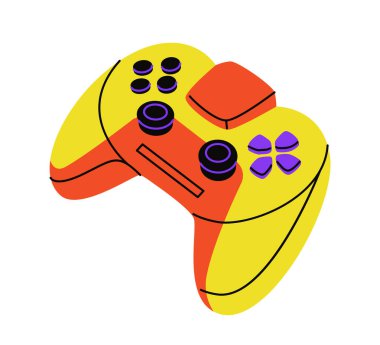 Mor düğmeli canlı sarı ve turuncu oyun kontrolörü, beyaz arka planda yaratıcı bir minimalist tasarımı var. Oyun ve teknoloji kavramı. Vektör illüstrasyonu