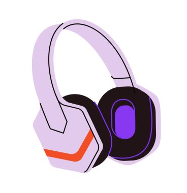 Geometrik tasarımı olan soyut kulaklıklar, kalın mor ve turuncu aksanlar, beyaz arka planda modern düz bir şekilde çizilmiş. Müzik ve teknoloji kavramı. Vektör illüstrasyonu