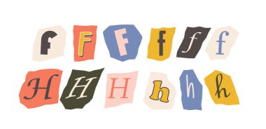 Various stylized letters F and H in uppercase and lowercase, arranged on colorful torn paper shapes over a plain white background. Creative typography concept. Vector illustration. clipart