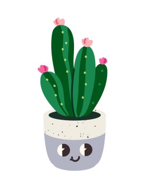 Beyaz arka planda gülümseyen bir tencerede pembe çiçekli sevimli yeşil kaktüs. Minimalist ve oyuncu bir sanat tarzı. Dekor ve yaratıcı unsurlar için mükemmel. Vektör illüstrasyonu.