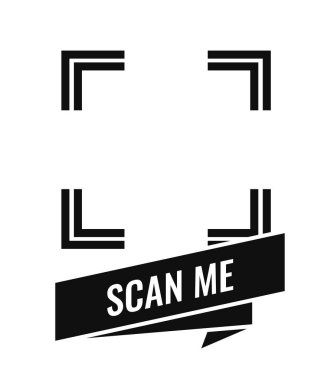 Black and white QR code scan frame with bold Scan Me text on a ribbon, minimalistic style on a white background, concept of digital scanning. Vector illustration clipart