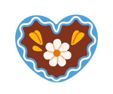 Çiçek desenli kalp şeklinde kurabiyeler, üzerinde beyaz bir çiçek ve mavi kenarlı sarı aksanlar var. Vektör illüstrasyonu
