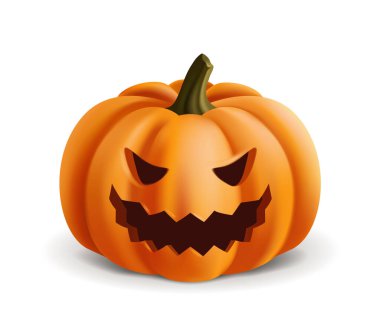 Beyaz arka planda canlı turuncu renkler ve pürüzsüz bir tasarımı olan oyulmuş uğursuz yüzlü bir Cadılar Bayramı balkabağı. Cadılar Bayramı konsepti Vektör illüstrasyonu.