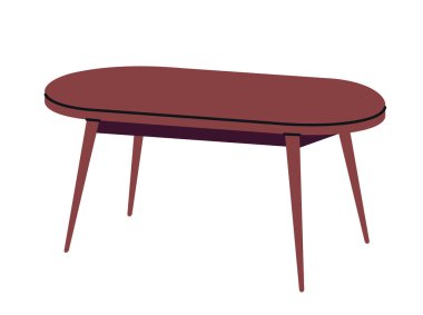 İnce bacaklı, minimalist tarzda beyaz arka planda oval ahşap masa çizimi. Modern mobilya ve iç tasarım kavramı. Vektör illüstrasyonu