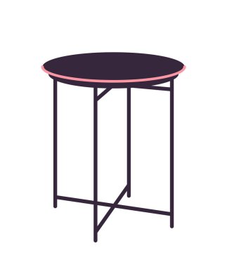 Siyah üst ve pembe kenarlı minimalist yuvarlak masa, beyaz arka planda ince, geometrik bacaklarla destekleniyor. Modern mobilya tasarımı kavramı. Vektör illüstrasyonu