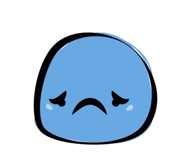 A sad blue cartoon blob with expressive eyes and a frown, outlined in black. Simple design on a white background. Concept of sadness or disappointment. Vector illustration clipart