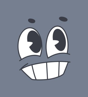 Geniş gözlü ve mavi arka planda sırıtan bir çizgi film karakteri. Mizah, eğlence ve pozitiflik için yaratıcı vektör illüstrasyonu