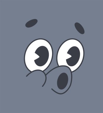 Çizgi filmin yakın çekimi, gri bir arkaplanda geniş gözlü, ifade edici özellikli, minimalist tarzda şaşırmış bir yüz. Espri anlayışı ve duygu. Vektör illüstrasyonu