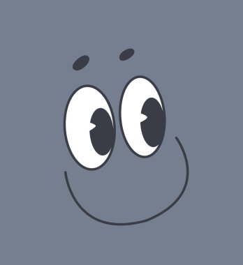 Çizgi film gülümseyen yüzü, anlamlı gözleri ve gri bir arkaplanda hafif bir sırıtışı var. Minimalist tasarım mutluluğu ve oyunculuğu iletiyor. Vektör illüstrasyonu