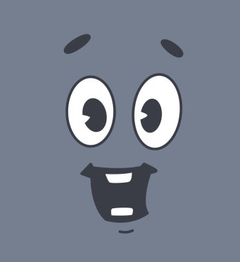 Neşeli çizgi film yüzü, büyük anlamlı gözleri ve gri arka planda neşeli bir gülümsemesi var. Eğlenceli ve tuhaf tasarım konsepti. Vektör illüstrasyonu