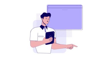 İş etkinliği sahnesi. İş sunumunda ya da konferansta erkek ofis çalışanı ile afiş taşımak. Çalışan verileri analiz eder ve geliştirme stratejisi geliştirir. Çizgi film düz animasyon grafikleri