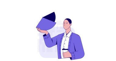 İş etkinliği sahnesi. Erkek finans danışmanı ya da muhasebeci ile afiş taşıyarak şirketin mali istatistiklerini, grafiklerini ve grafiklerini analiz etmek. Geliştirme stratejisi. Çizgi film düz animasyon grafikleri