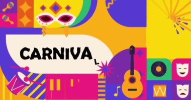 Mutlu Karnaval. Havai fişek, purim maskesi ve müzik aletleriyle geometrik tarzda hareket eden afiş ya da arka plan. Geleneksel Brezilya festivalinin kutlaması. Soyut düz canlandırılmış grafikler