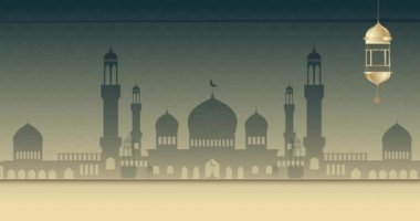 Lüks İslami arka plan. Müslüman camiinin silueti, geleneksel fenerler ve mandala desenleri olan hareketli bir pankart. Ramazan Kareem. Müslüman dini bayramı kutlaması. Çizgi film animasyon grafikleri