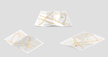 İğneli haritalar. Katlanmış şehir haritaları ve konum araması için kırmızı yön işaretleyici ile hareket eden pankart. GPS navigasyon ve rota hareketi. Seyahat, seyahat ya da lojistik. Gerçekçi 3D canlandırmalı grafikler