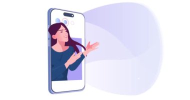 Sosyal medya kullanıcısı. Akıllı telefon ekranından bakan ve izleyici ya da aboneleri çeken kadın blogcularla afiş taşımak. Karakter içeriği sosyal ağlara gönderir. Çizgi film düz animasyon grafikleri